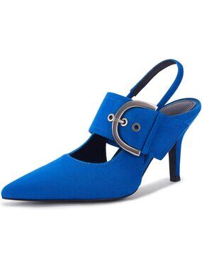 Women's Blue Slingback Pumps Pointed Toe High Heels Belt Buckle Strap Shoes
